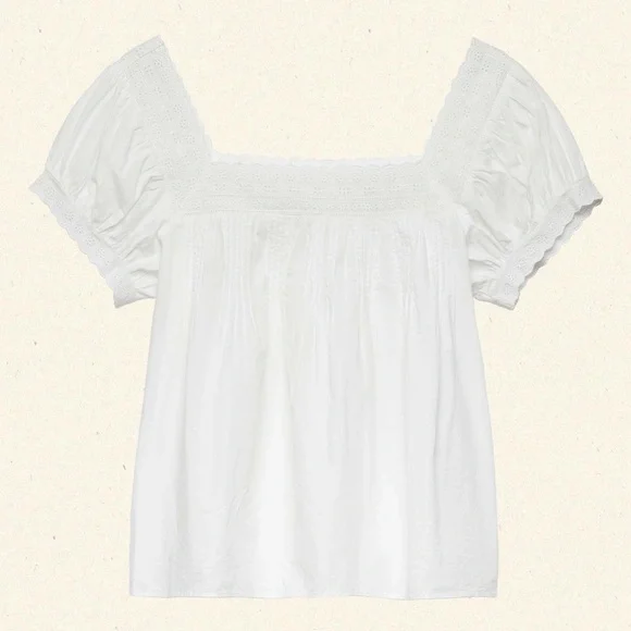 NWT Doen Francia Cotton Poplin Eyelet Pintuck Puff Sleeve Blouse Top Salt White - Picture 13 of 13